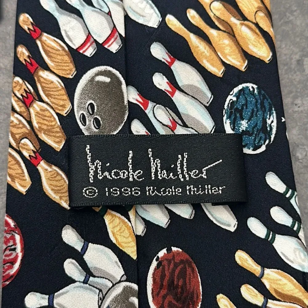 Vintage Nicole Miller Bowling Themed Silk Tie